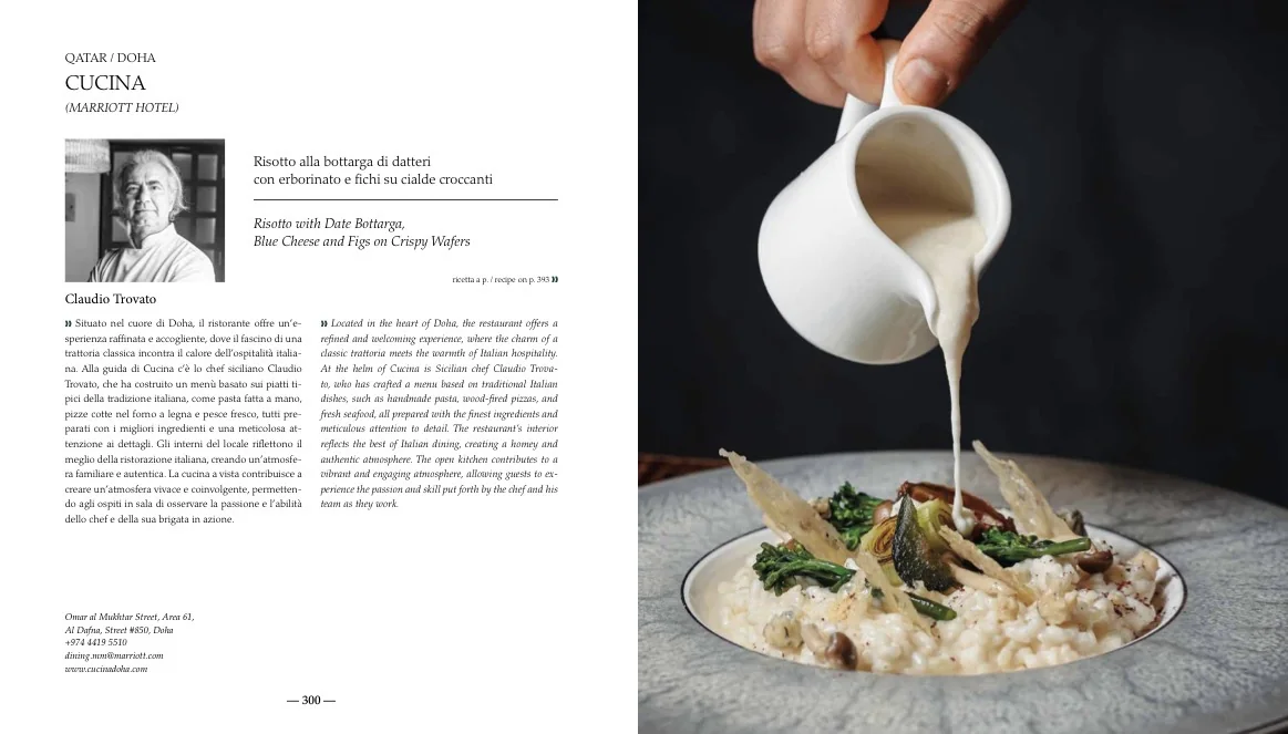 Pagina del libro «Tutti i risotti del mondo» di Riso Gallo con la ricetta dello chef Claudio Trovato.